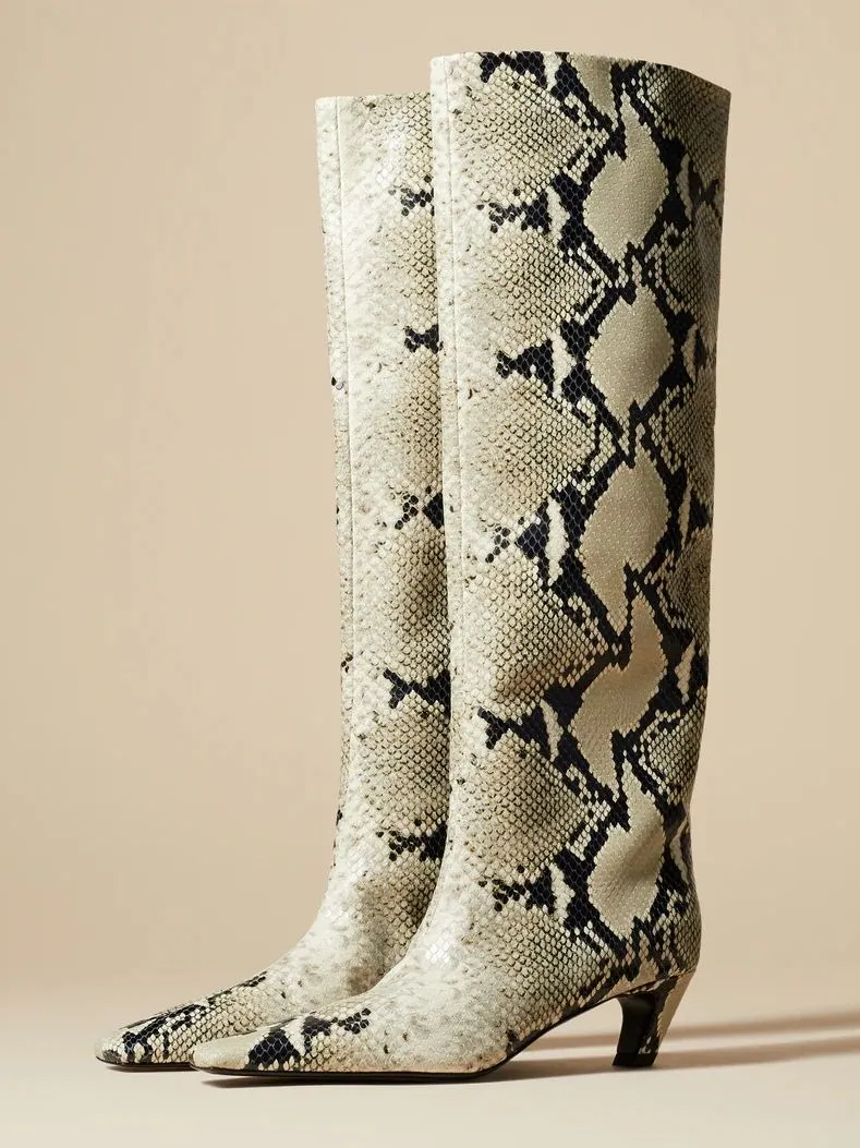 2023 Vegan Snake Leather Knee High Boots for Women Kitten Heel Square Toe Cowboy Boots Black Fall Winter Shoes Plus-Size