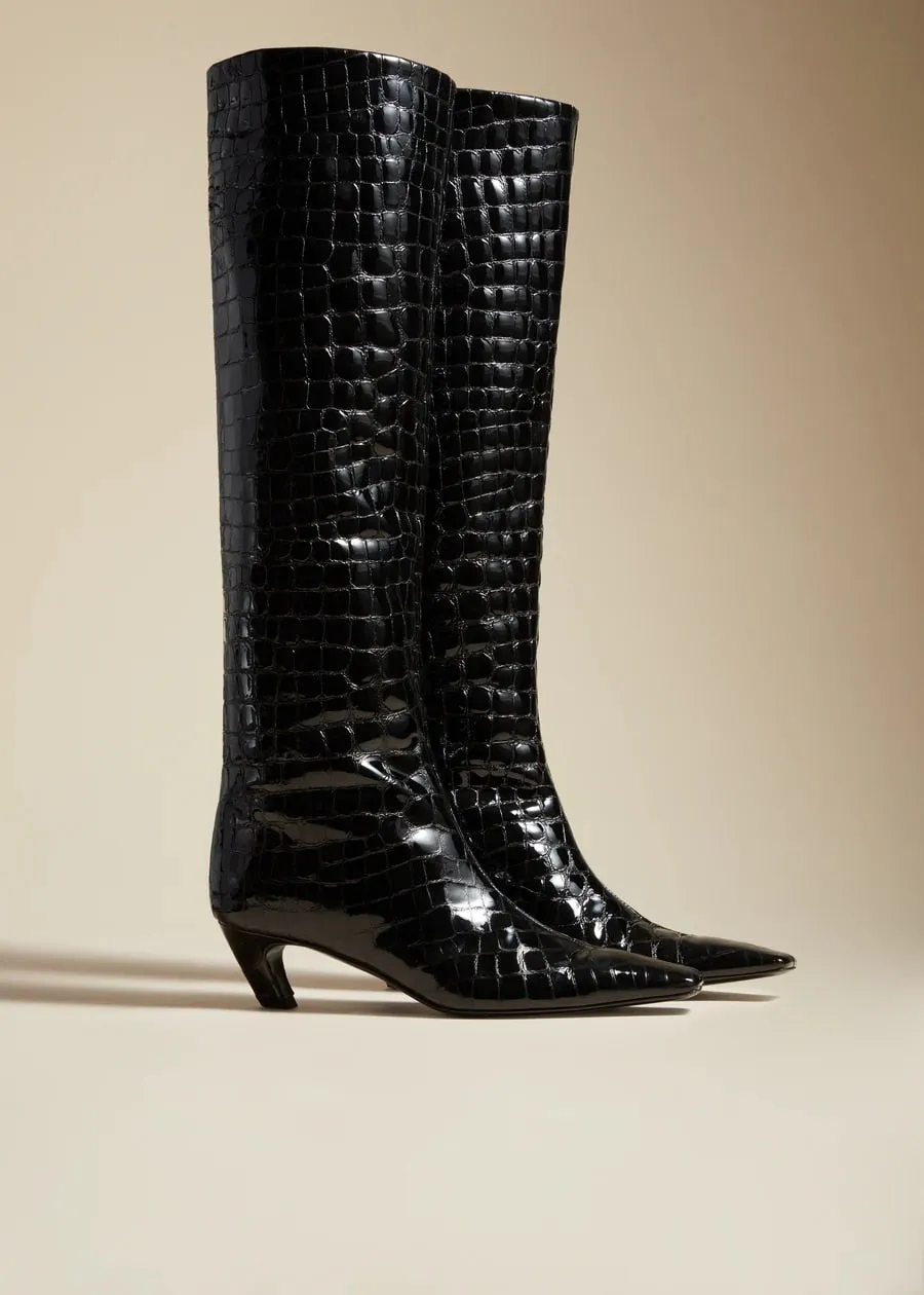 2023 Vegan Snake Leather Knee High Boots for Women Kitten Heel Square Toe Cowboy Boots Black Fall Winter Shoes Plus-Size