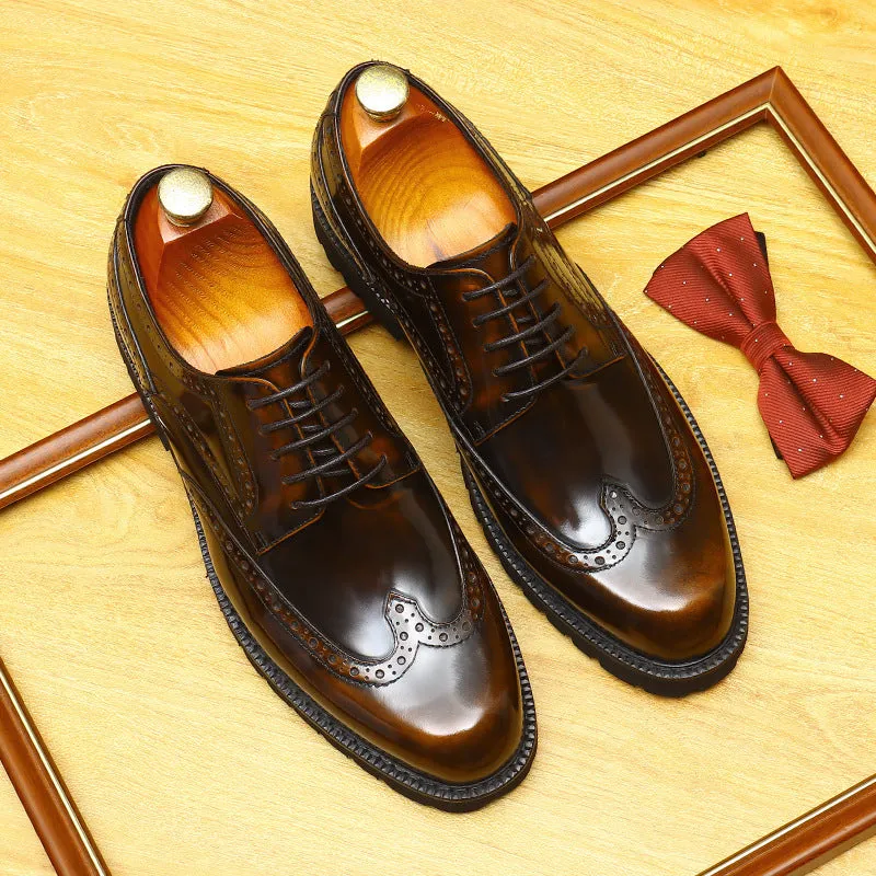 2025 Douyin hot-selling thick-soled heightening round-head leather shoes for men's genuine leather soft leather Brock engraved glossy patent leather single shoes for men