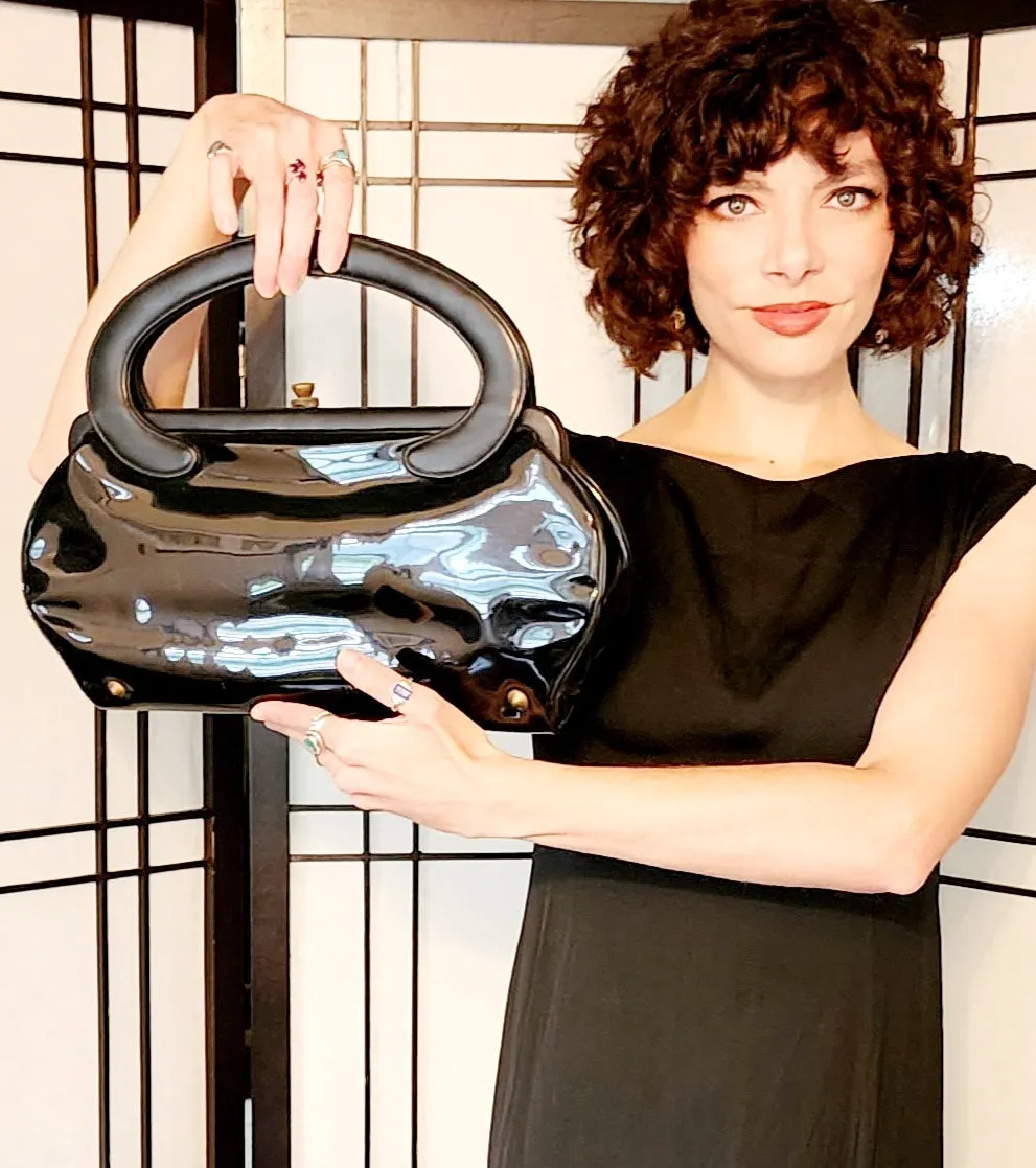 60s Black Bag Patent Leather Curved Handle