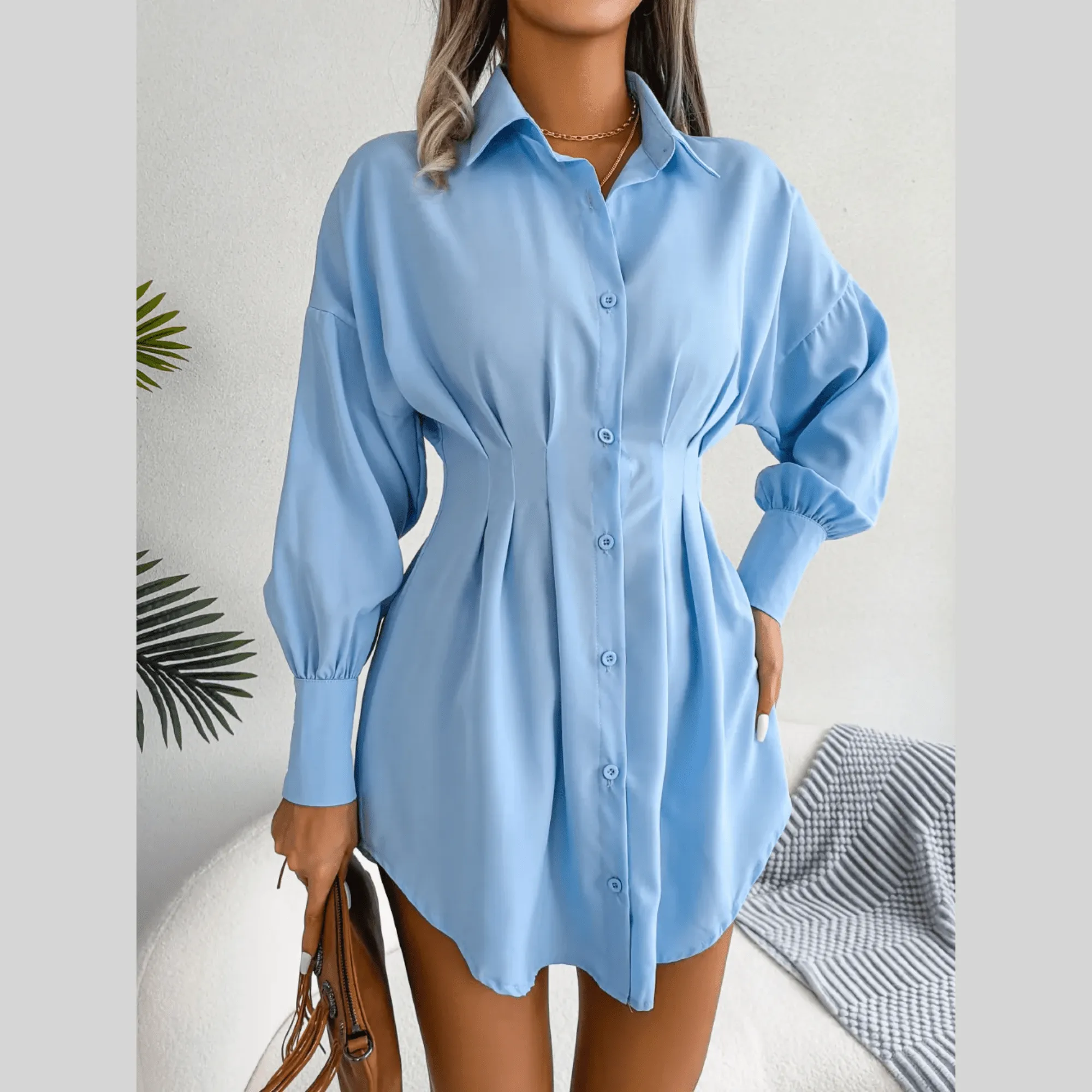Adalee - Blue Asymmetric Button-Up Shirt Dress