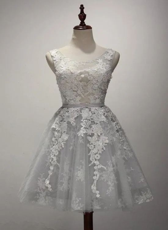 Adorable Tulle Short Lace Applique Graduation Dress, Grey Homecoming Dress