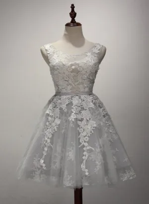 Adorable Tulle Short Lace Applique Graduation Dress, Grey Homecoming Dress