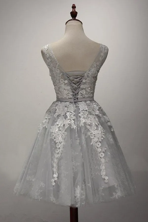 Adorable Tulle Short Lace Applique Graduation Dress, Grey Homecoming Dress