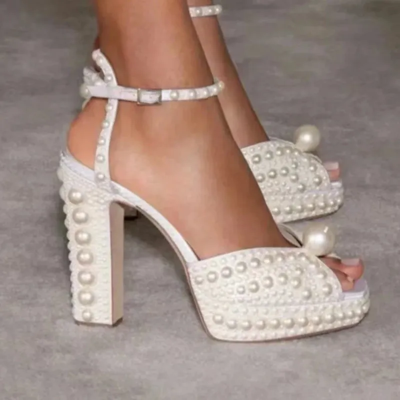 Beaded Pearl Fish Mouth High Heels