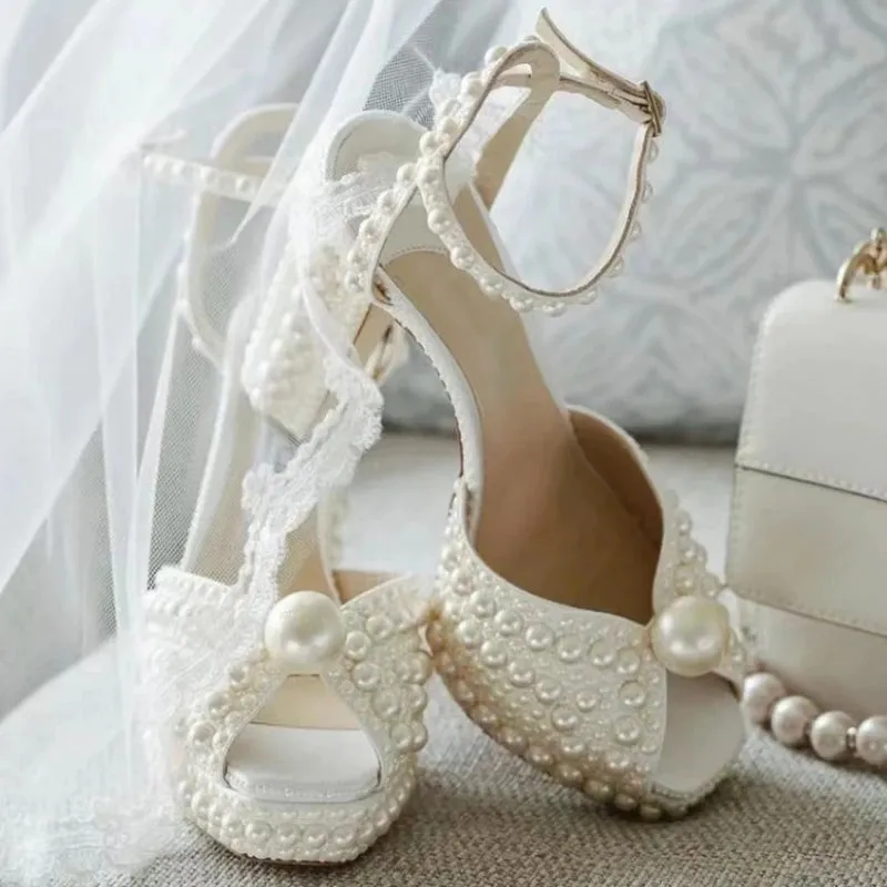 Beaded Pearl Fish Mouth High Heels