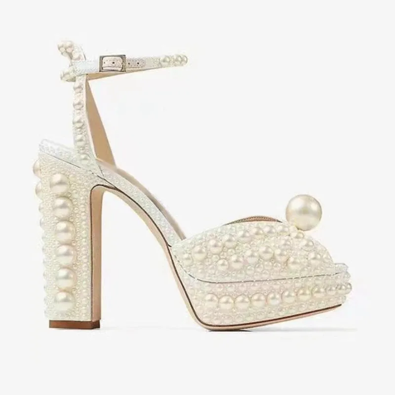 Beaded Pearl Fish Mouth High Heels
