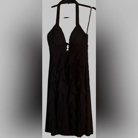 BETSY &amp; ADAM Solid Black Halter Ruffled Detail Formal Dress, Size 4, NWT.