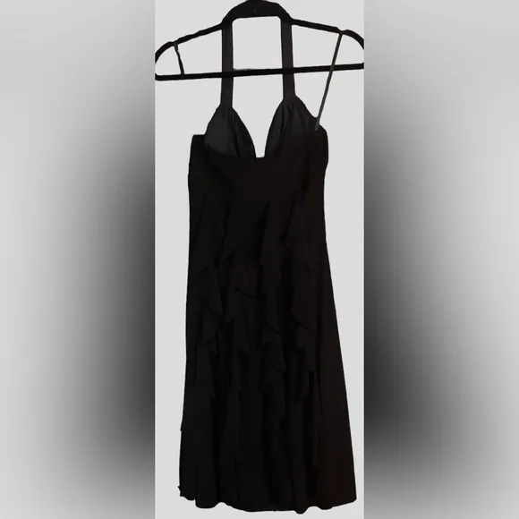 BETSY &amp; ADAM Solid Black Halter Ruffled Detail Formal Dress, Size 4, NWT.
