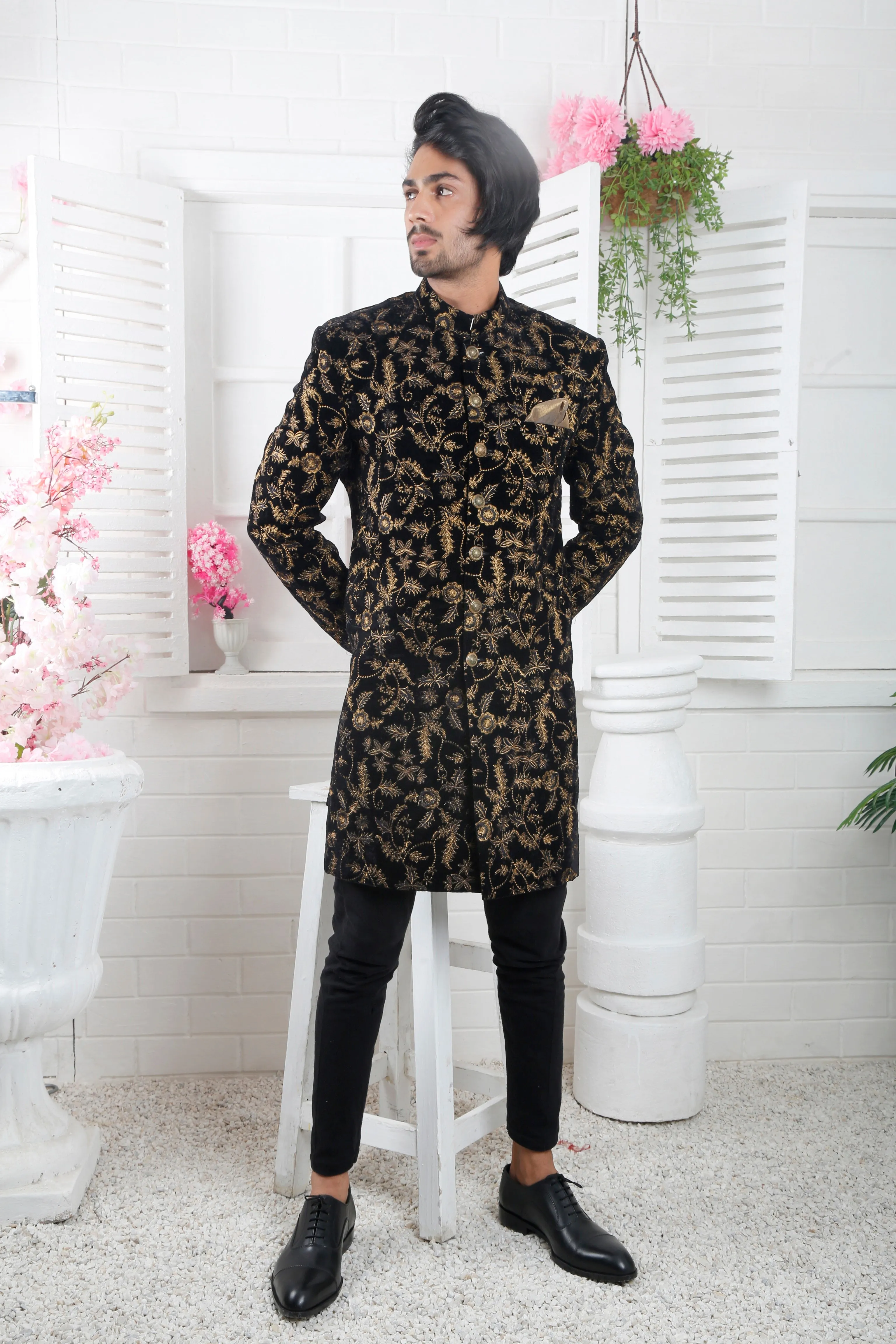 Black Velvet Self Jamawar Short Sherwani