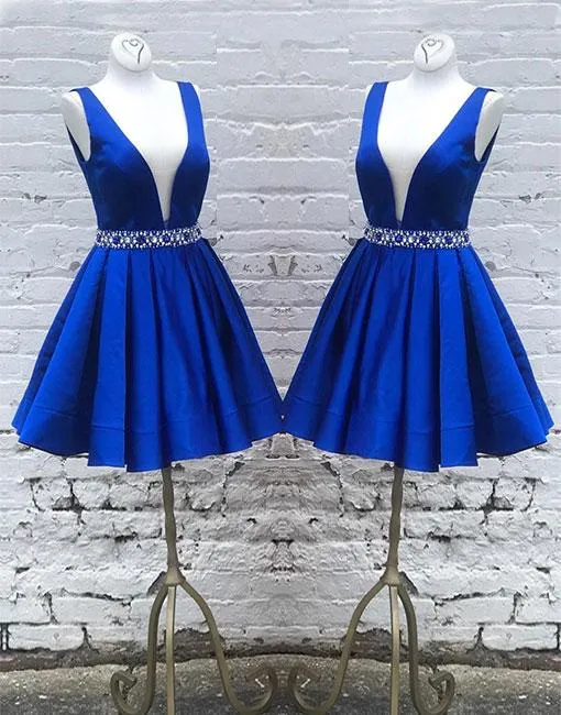 Blue Beading straps Deep V-neck pleated Short Homecoming Dresses
