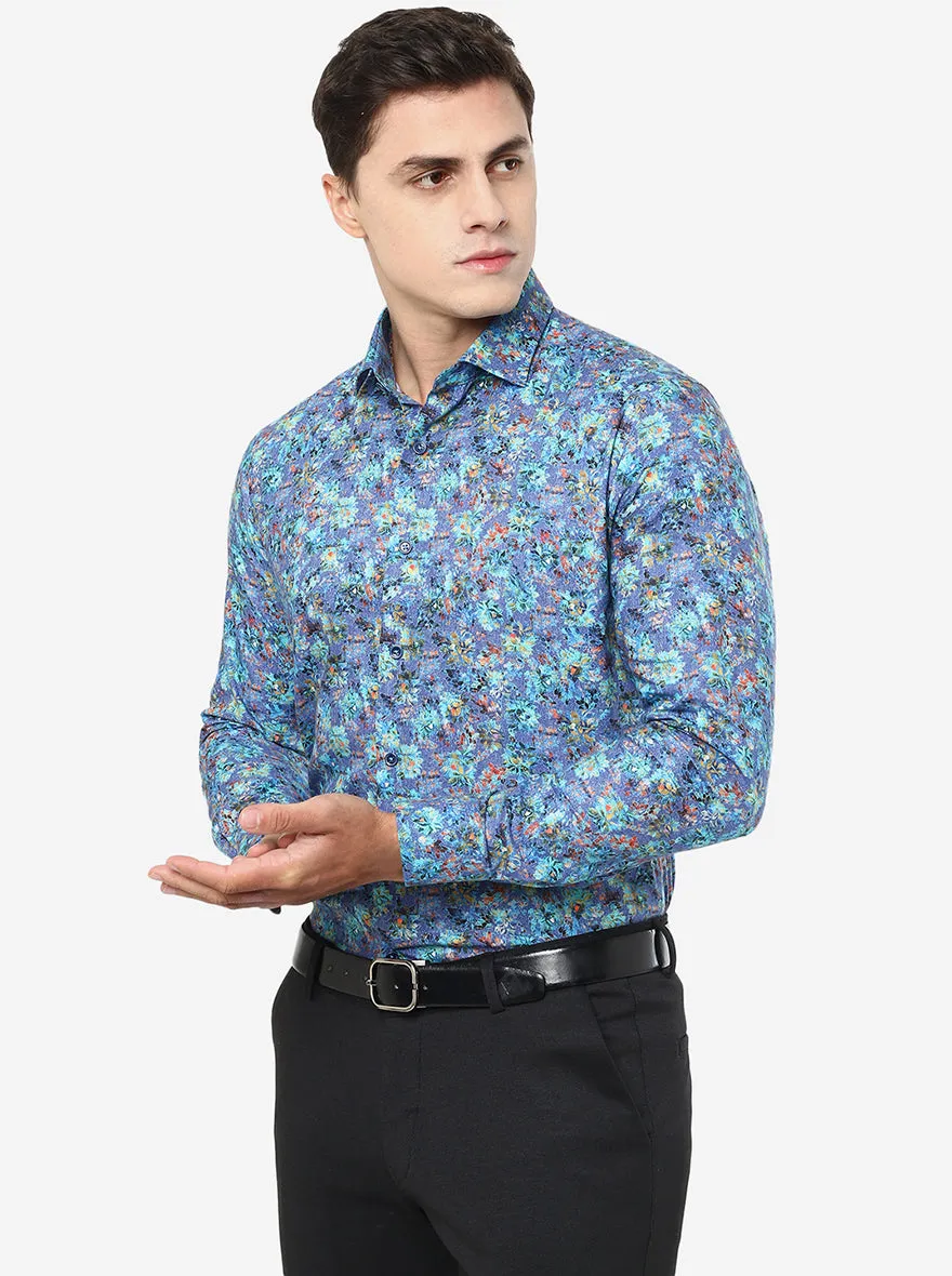 Blue Printed Slim Fit Party Wear Shirt | JB Studio