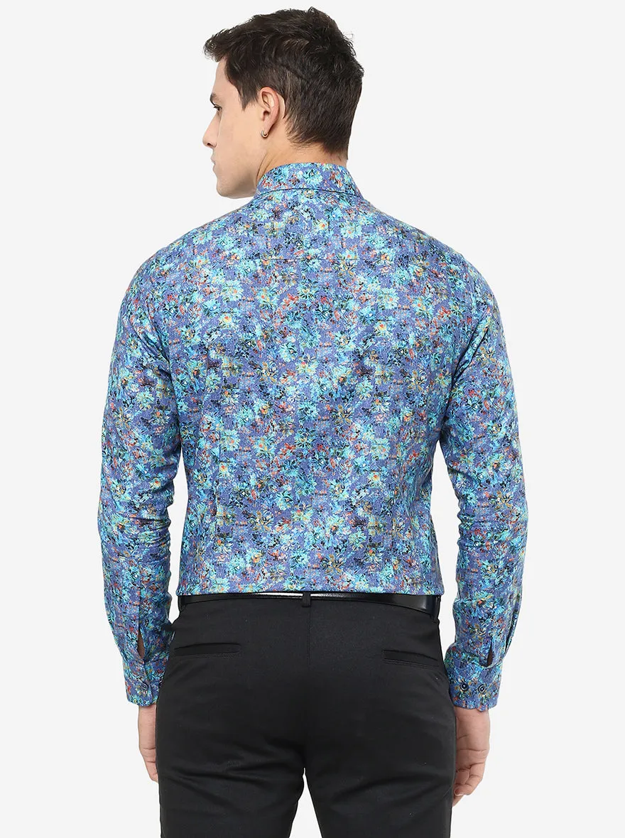 Blue Printed Slim Fit Party Wear Shirt | JB Studio