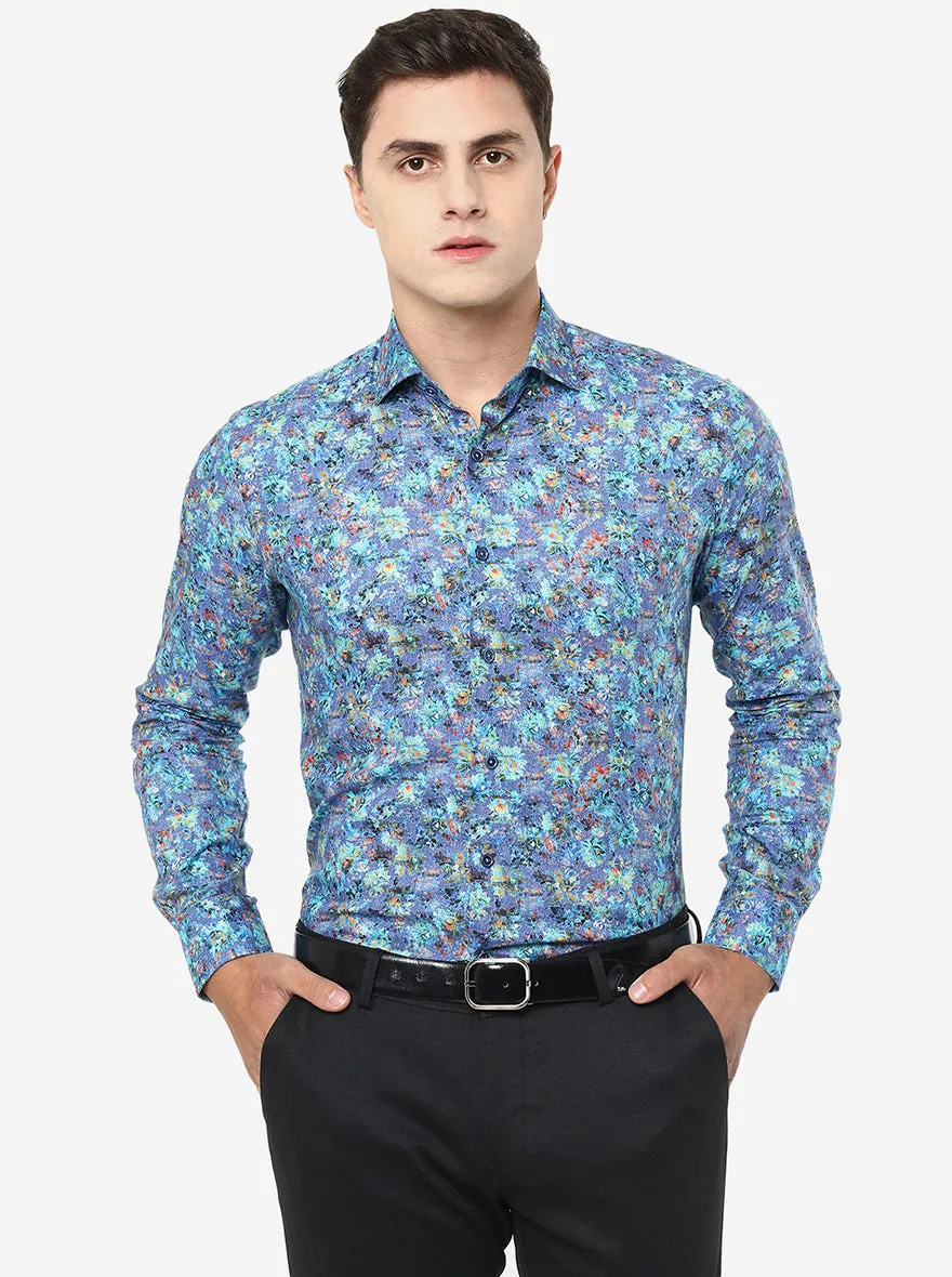 Blue Printed Slim Fit Party Wear Shirt | JB Studio
