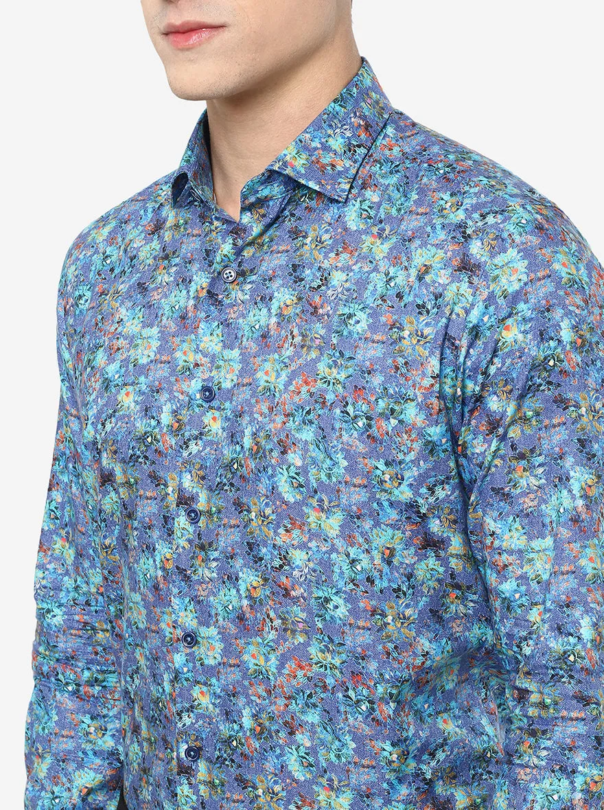 Blue Printed Slim Fit Party Wear Shirt | JB Studio