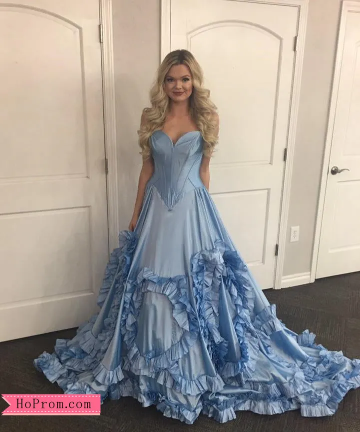 Blue Swirling Ruffled Ball Gown Prom Dress