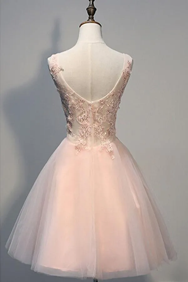 Blush Pink Backless V-neck Lace Beaded Homecoming Dresses, Short Prom Dress, MH140