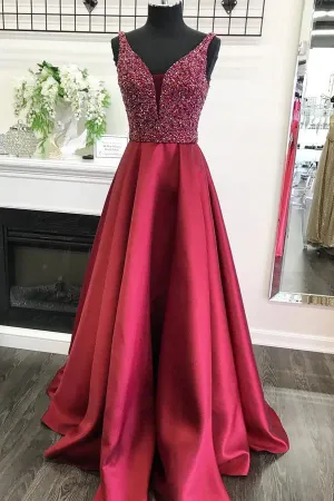Burgundy A-line V-neck Satin Beaded Bodice Long Prom Dresses, Evening Dress, MP156