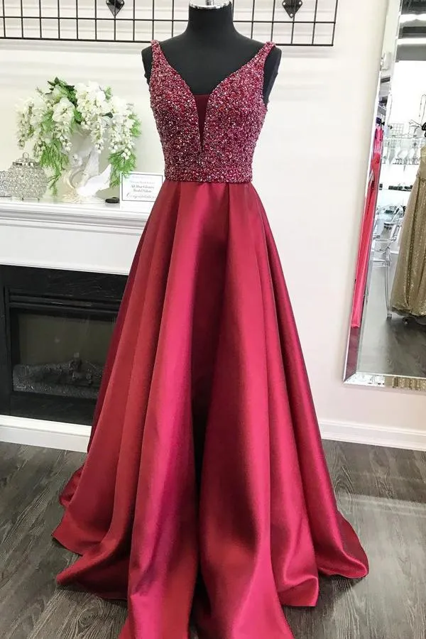 Burgundy A-line V-neck Satin Beaded Bodice Long Prom Dresses, Evening Dress, MP156