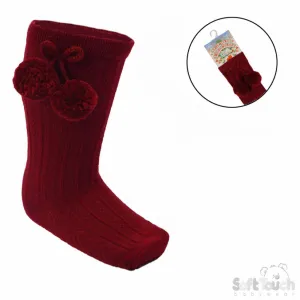 Burgundy Christmas Knee High Pom Pom Socks
