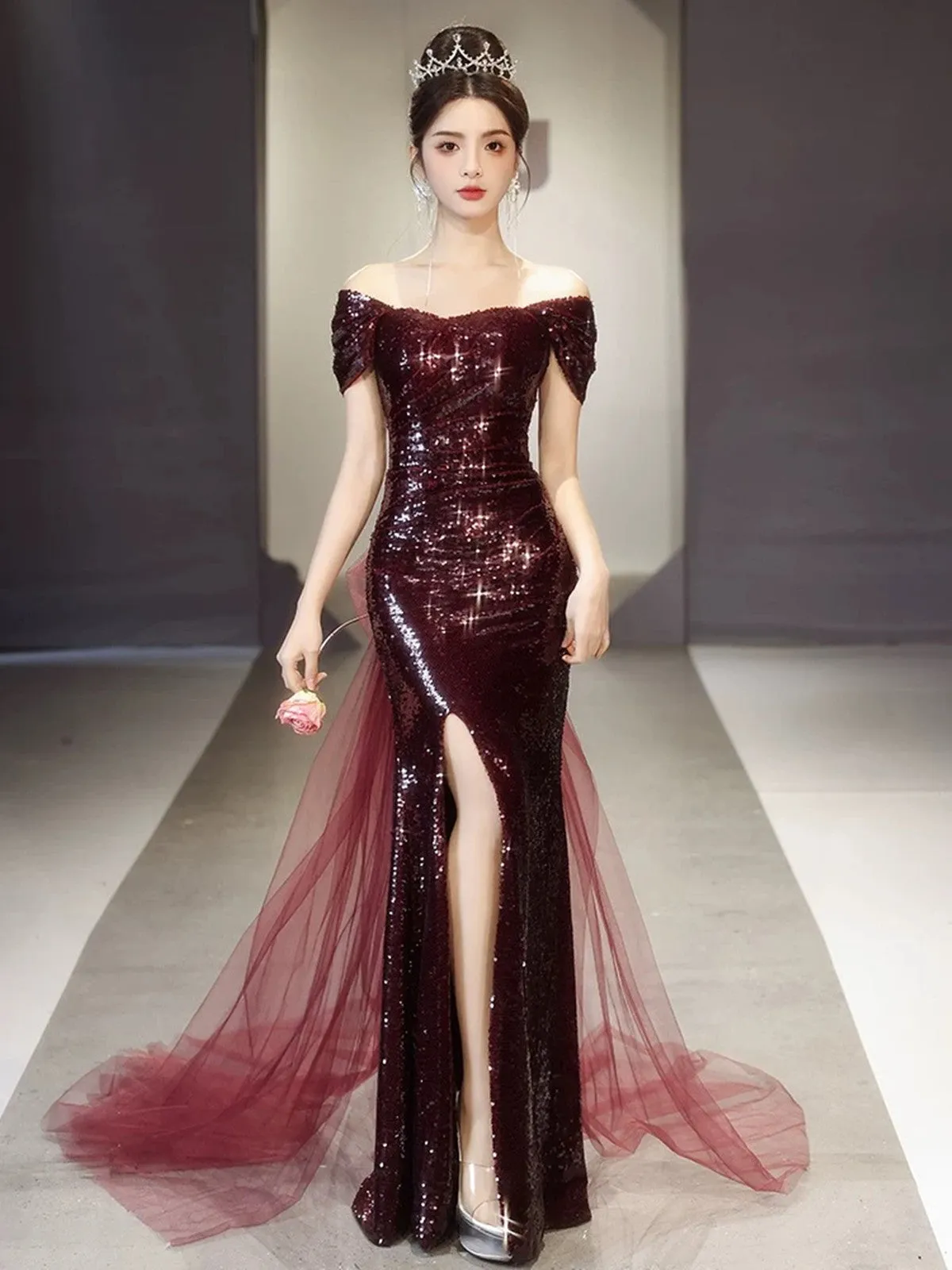 Burgundy Sequins Mermaid Long Party Dress with Tulle, Burgundy Sequins Prom Dress