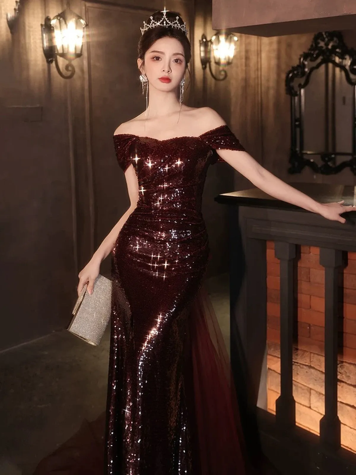 Burgundy Sequins Mermaid Long Party Dress with Tulle, Burgundy Sequins Prom Dress