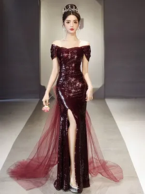 Burgundy Sequins Mermaid Long Party Dress with Tulle, Burgundy Sequins Prom Dress