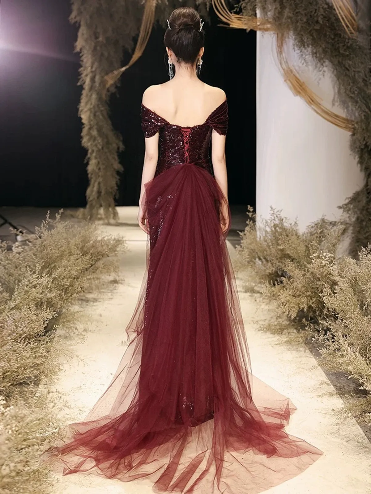 Burgundy Sequins Mermaid Long Party Dress with Tulle, Burgundy Sequins Prom Dress