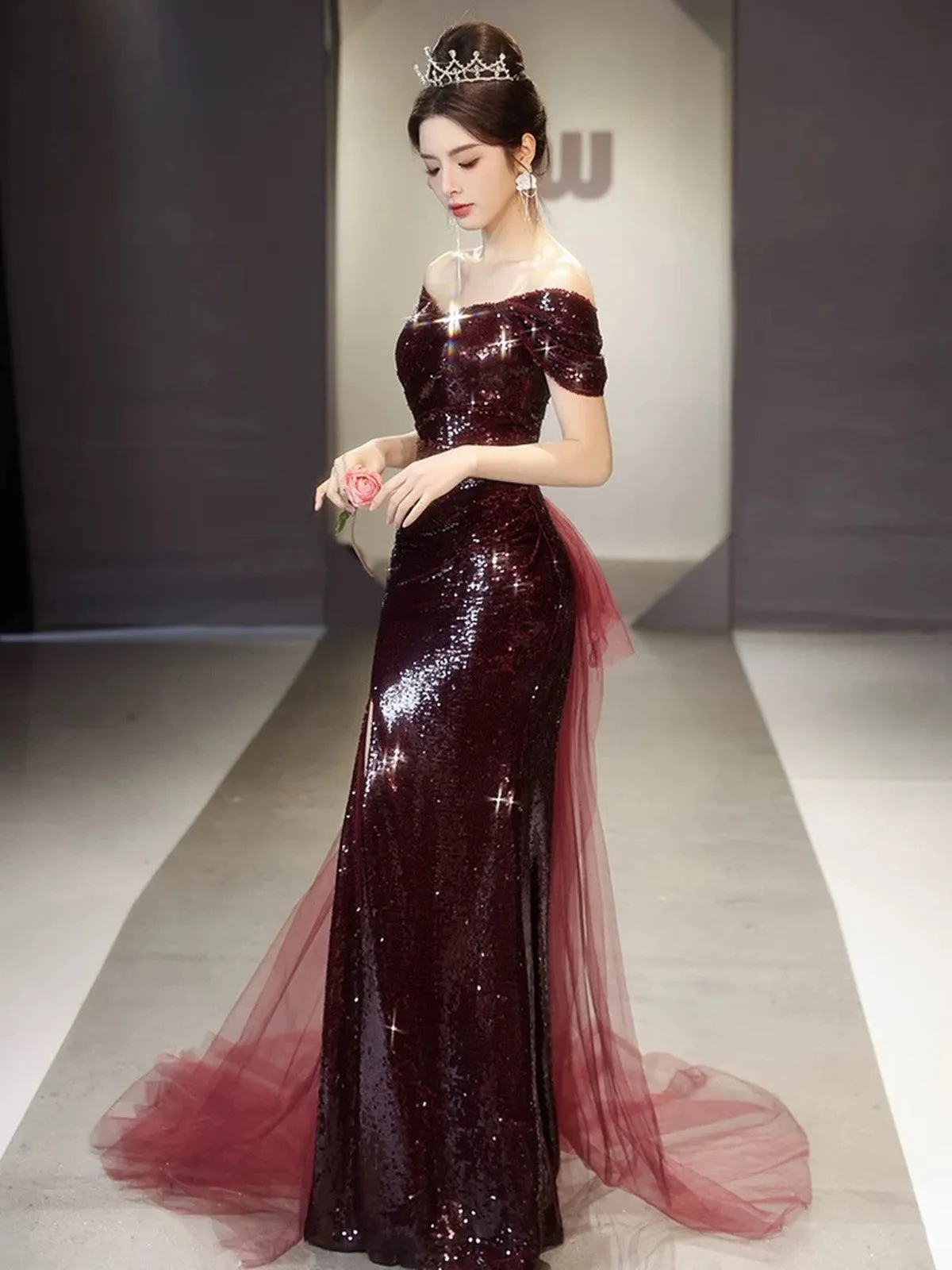 Burgundy Sequins Mermaid Long Party Dress with Tulle, Burgundy Sequins Prom Dress