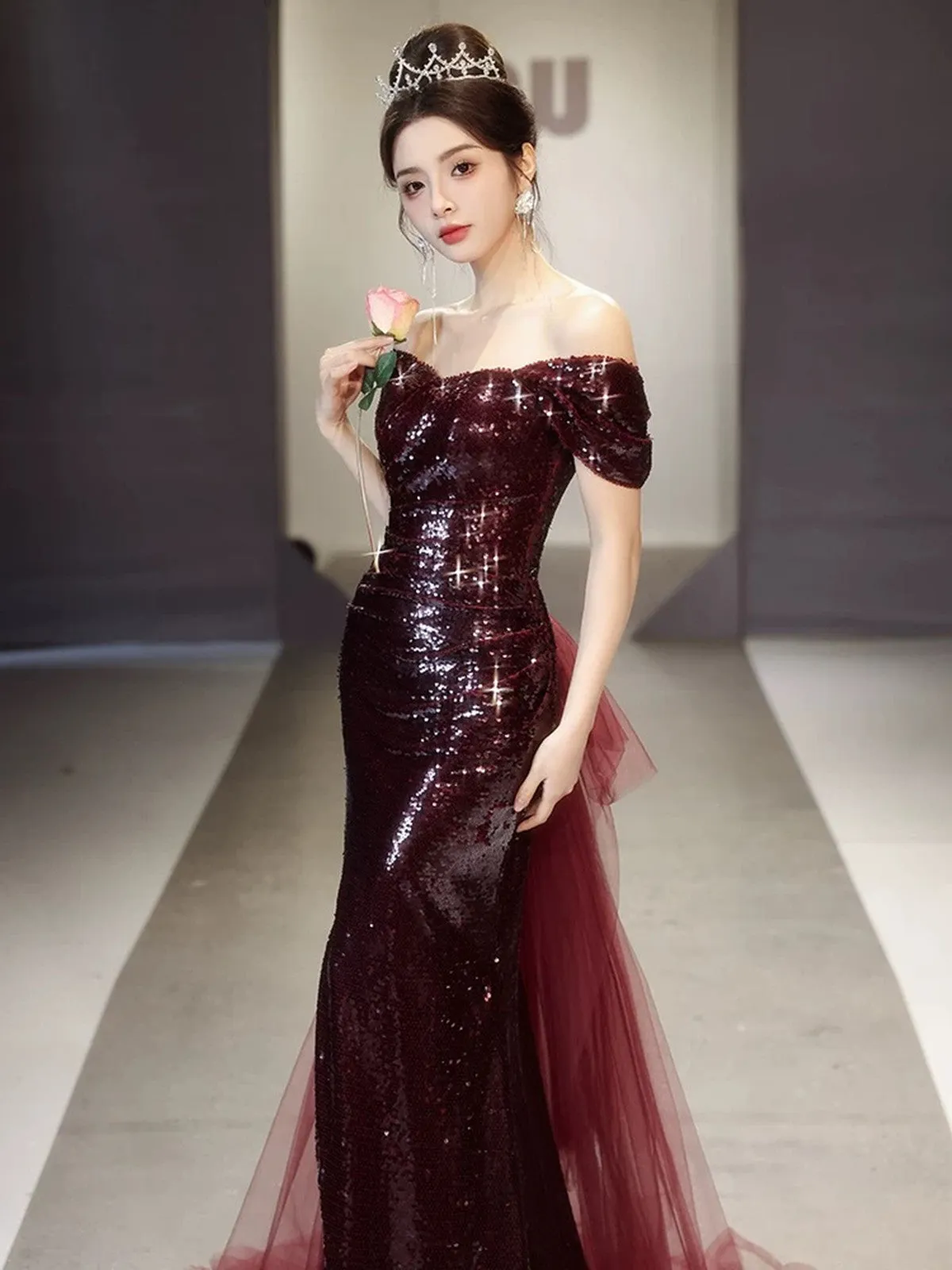 Burgundy Sequins Mermaid Long Party Dress with Tulle, Burgundy Sequins Prom Dress