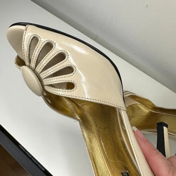 Claudia Ciuti Nude Cream Patent Leather Open Toe Heels Center Button Cut Outs 8