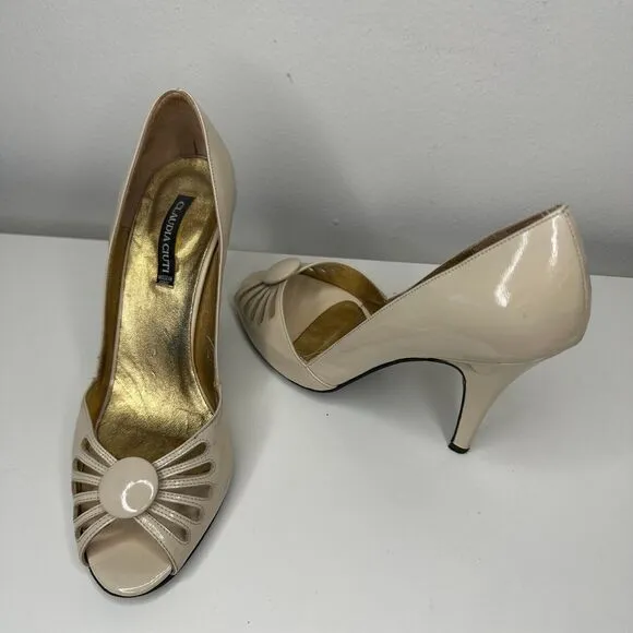 Claudia Ciuti Nude Cream Patent Leather Open Toe Heels Center Button Cut Outs 8