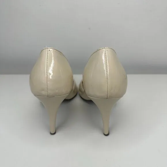 Claudia Ciuti Nude Cream Patent Leather Open Toe Heels Center Button Cut Outs 8