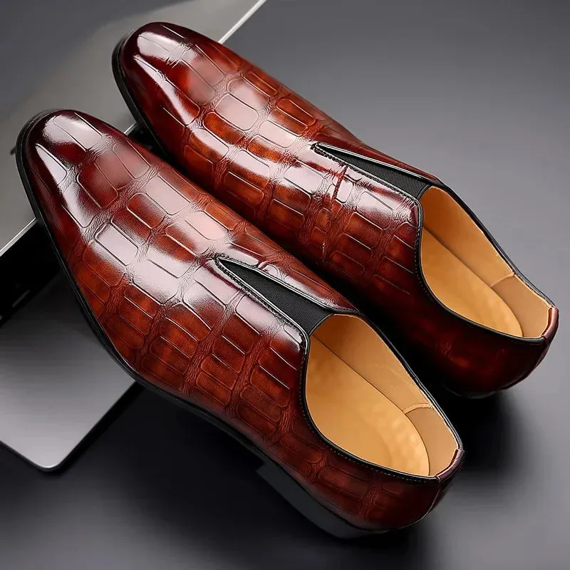 Dark Oxford Croc-Embossed Slip-On Shoes for Men