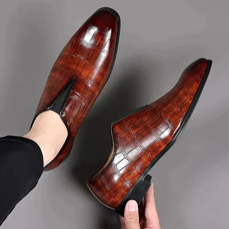 Dark Oxford Croc-Embossed Slip-On Shoes for Men