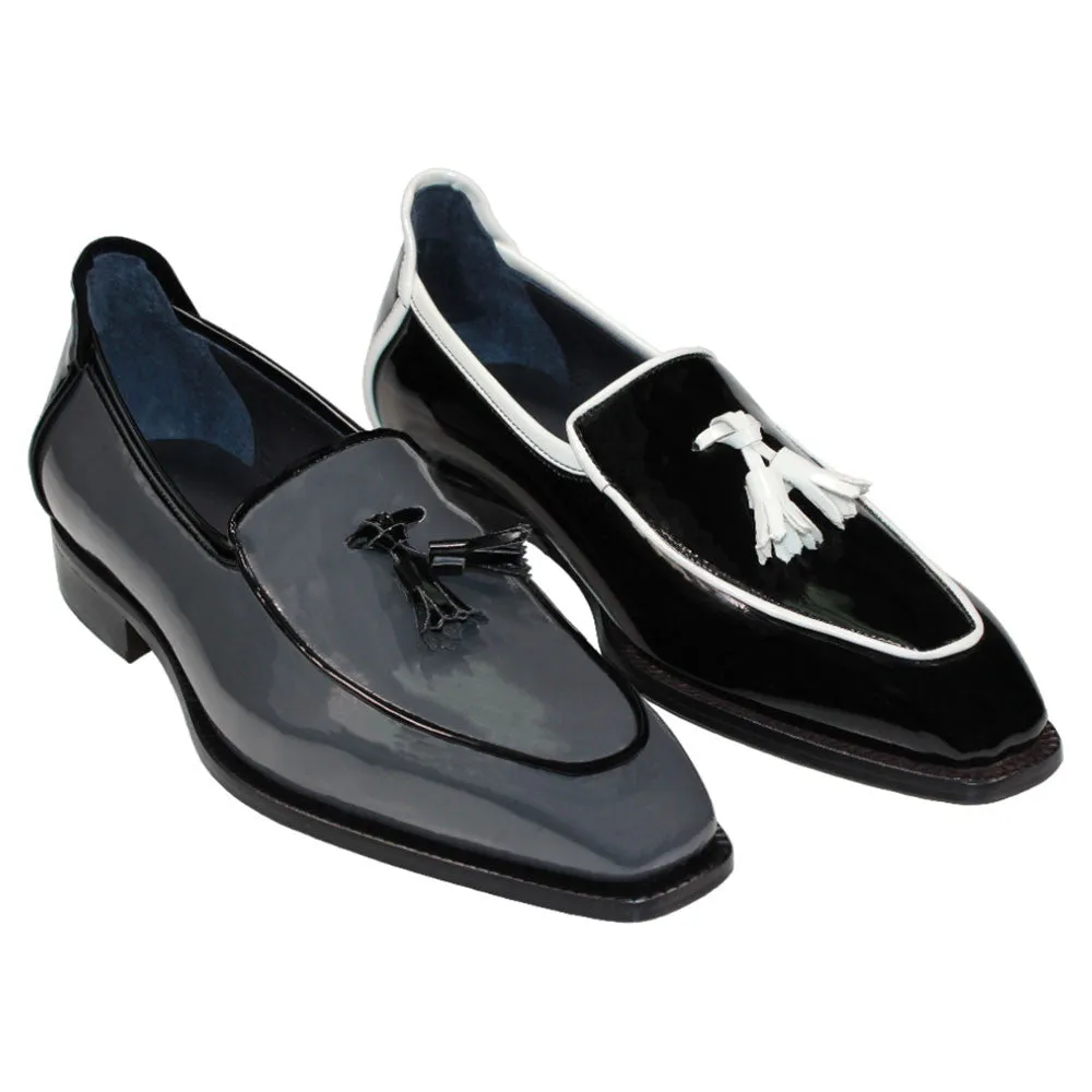 Duca Fano Grey/Black Genuine Italian Patent Leather Tassel Loafer Shoes