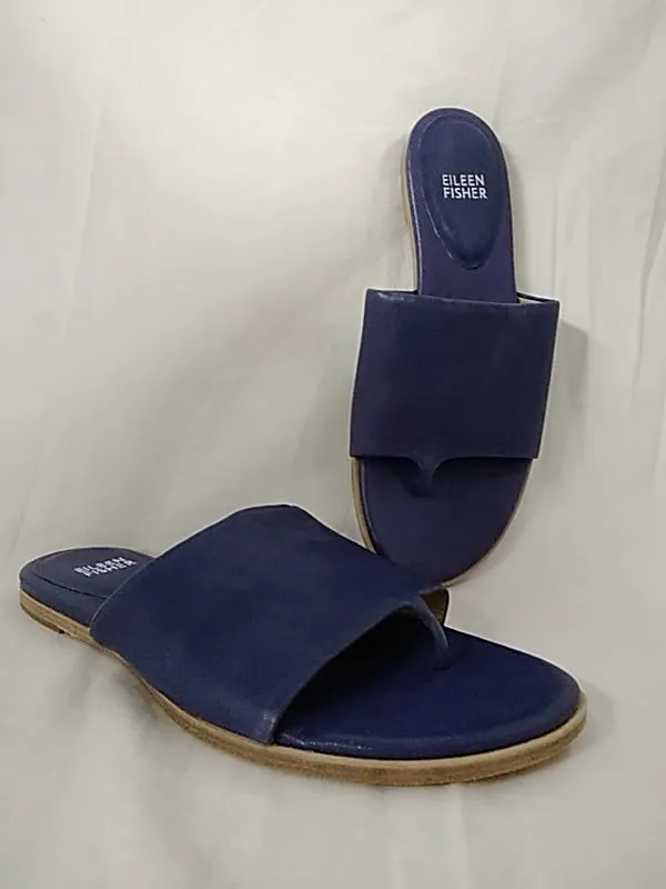 EILEEN FISHER Sandals Women’s Sz 8.5 Tumbled Leather Bluberry Blue Thong Strap Slide Flat Shoes
