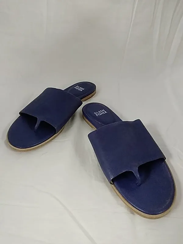 EILEEN FISHER Sandals Women’s Sz 8.5 Tumbled Leather Bluberry Blue Thong Strap Slide Flat Shoes