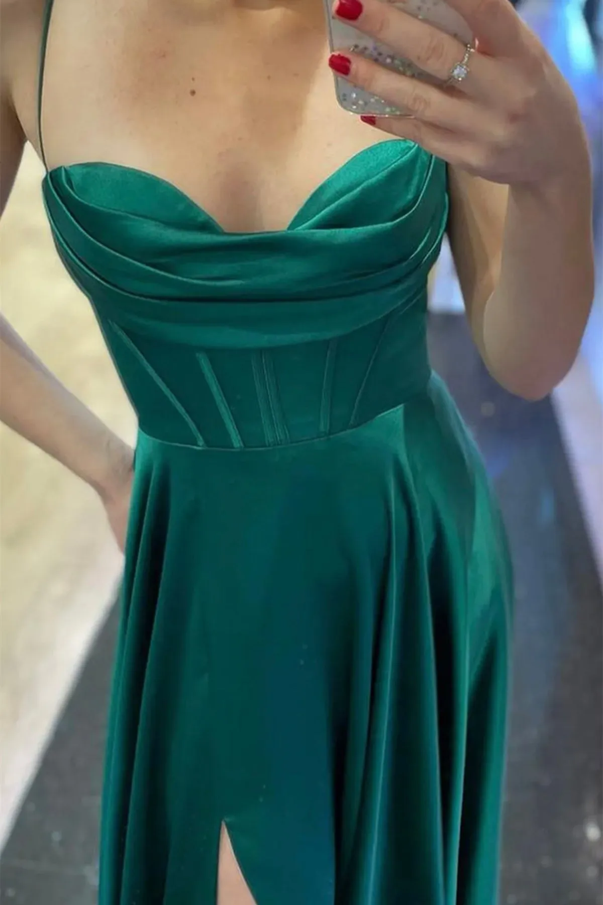 Elegant Green Satin Long Prom Dress with High Slit, Long Green Formal Graduation Evening Dress A1608