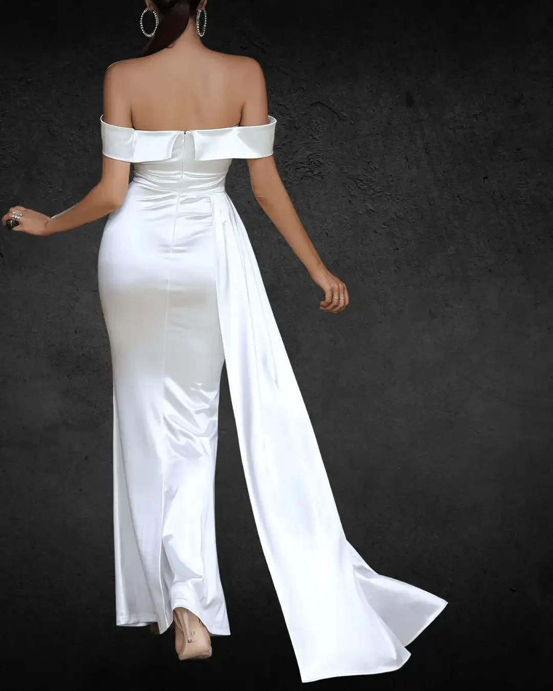 Elegant Off-Shoulder Satin Bridal Gown – Fitted Strapless Wedding Dress for Women, Solid Color Polyester Party Attire
