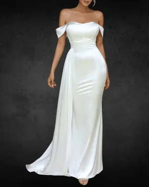 Elegant Off-Shoulder Satin Bridal Gown – Fitted Strapless Wedding Dress for Women, Solid Color Polyester Party Attire
