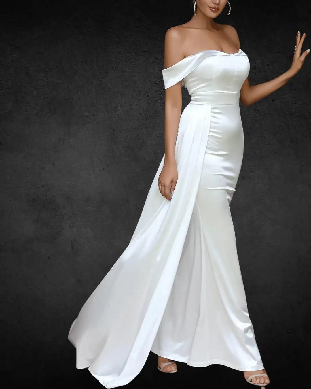 Elegant Off-Shoulder Satin Bridal Gown – Fitted Strapless Wedding Dress for Women, Solid Color Polyester Party Attire