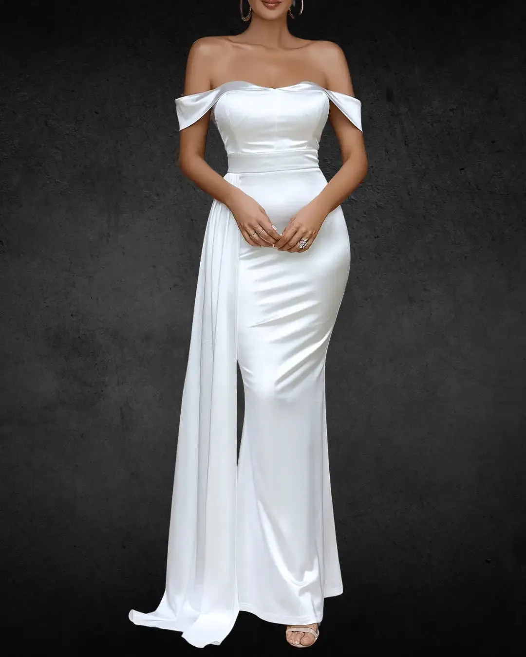 Elegant Off-Shoulder Satin Bridal Gown – Fitted Strapless Wedding Dress for Women, Solid Color Polyester Party Attire