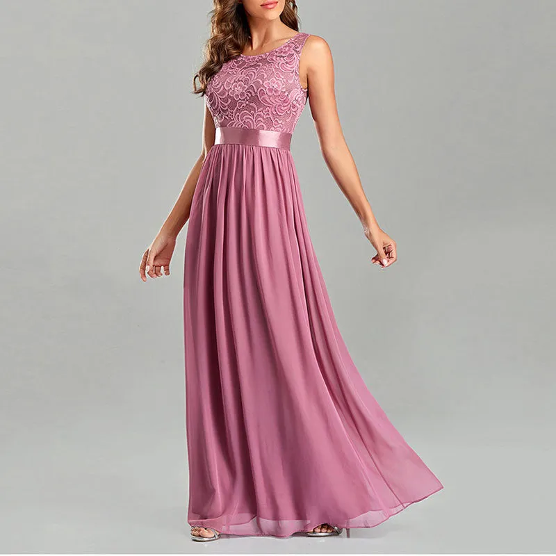 Floral Pattern Sleeveless High Waist Lace Maxi Dress