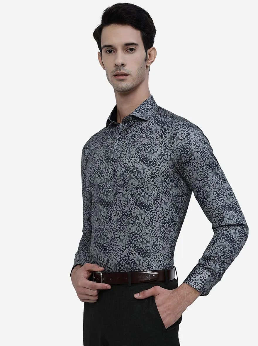 Grey Printed Slim Fit Party Wear Shirt | JB Studio
