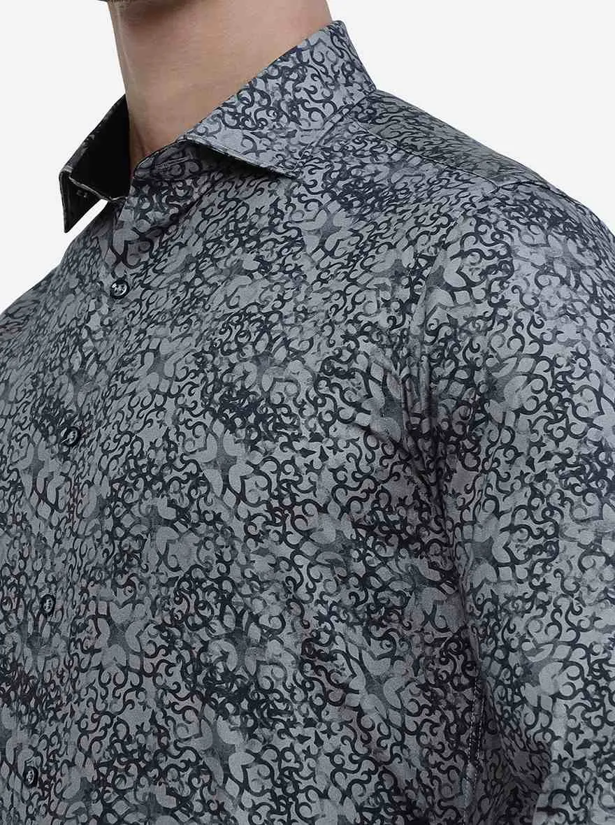 Grey Printed Slim Fit Party Wear Shirt | JB Studio