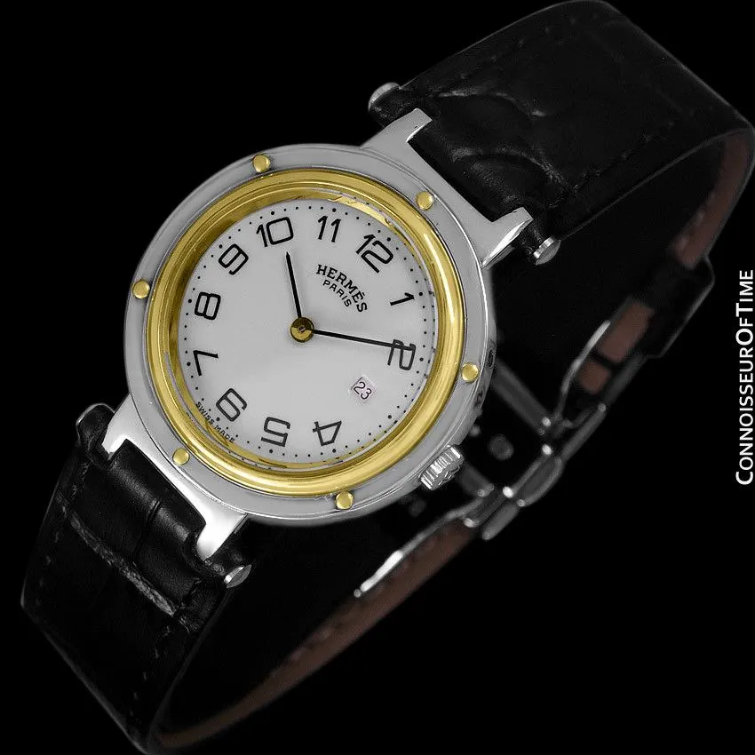 Hermes Midsize Unisex or Larger Ladies Clipper 2-Tone Quartz Watch - Stainless Steel and 18K Gold Plated