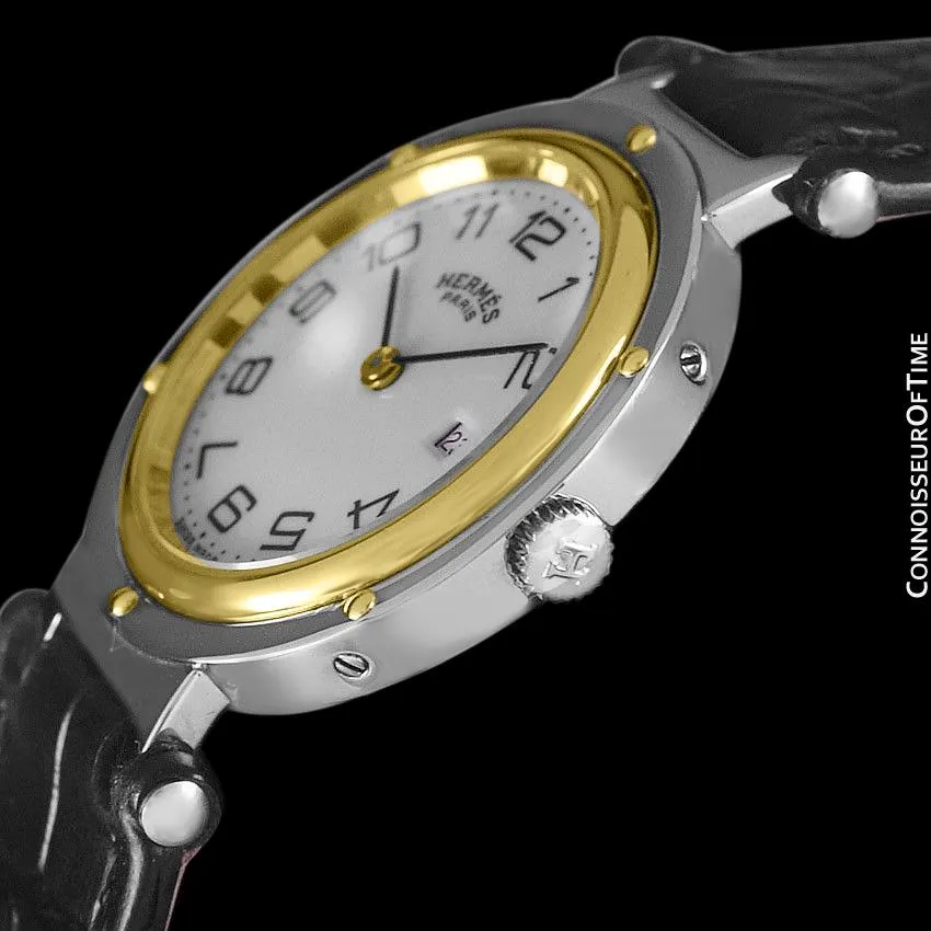 Hermes Midsize Unisex or Larger Ladies Clipper 2-Tone Quartz Watch - Stainless Steel and 18K Gold Plated