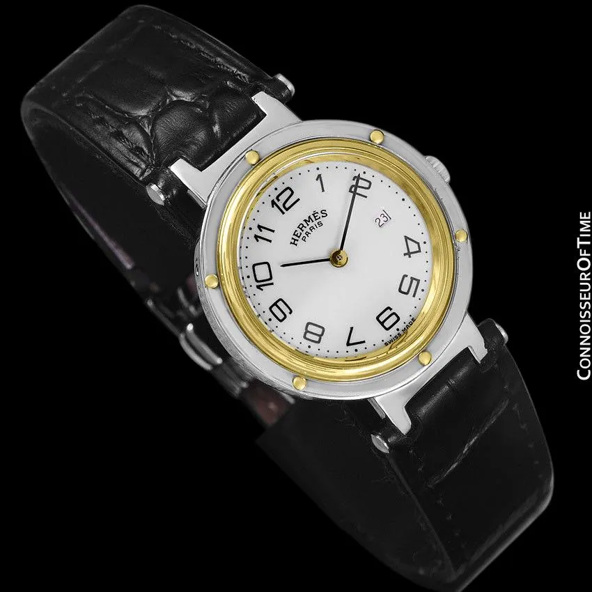 Hermes Midsize Unisex or Larger Ladies Clipper 2-Tone Quartz Watch - Stainless Steel and 18K Gold Plated