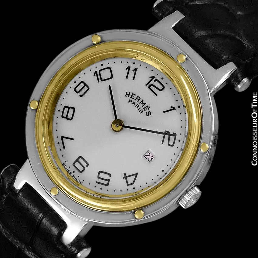 Hermes Midsize Unisex or Larger Ladies Clipper 2-Tone Quartz Watch - Stainless Steel and 18K Gold Plated